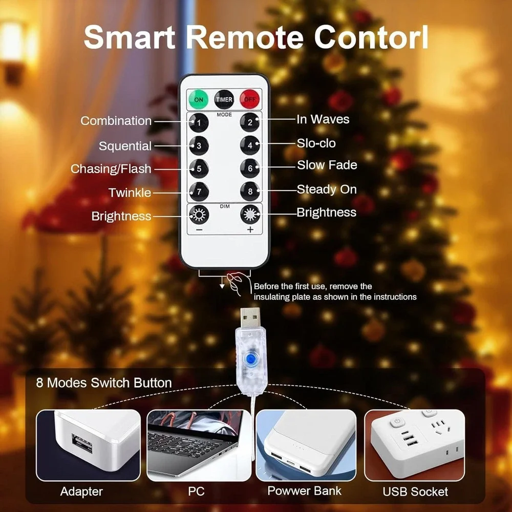 Warm White LED Fairy String Lights USB Powered with Remote 8 Modes Dimmable